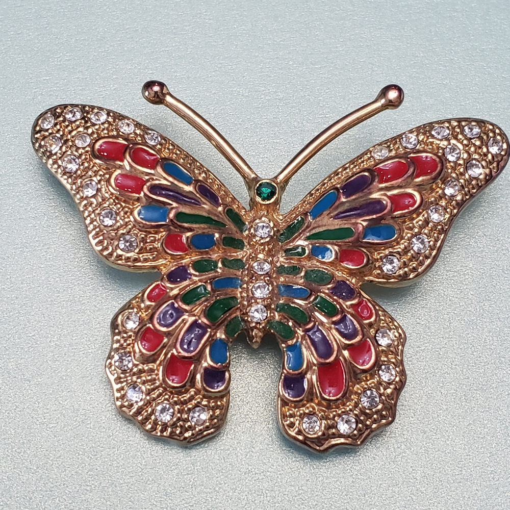 Butterfly Brooch Pin Enamel Rhinestone Gold Statement Jewelry Multicolor Vtg.